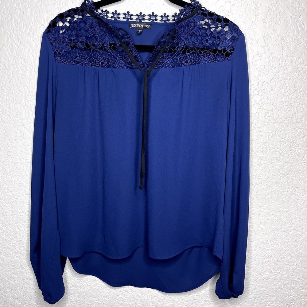 EXPRESS Blouse Size M Women's Blue and Black Embroidered Top